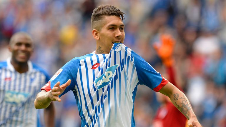 Roberto Firmino of Hoffenheim celebrates his team's second goal during the Bundesliga match between 1899 Hoffenheim and Hertha BSC