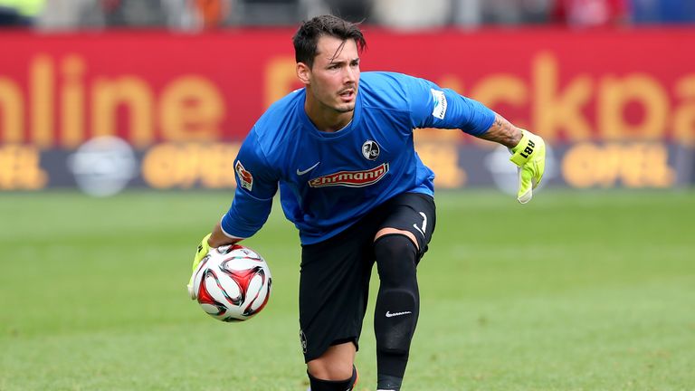 Roman Buerki of Freiburg controlls the ball during the Bundesliga match between Sport Club Freiburg