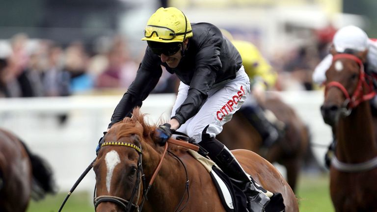 Interception, ridden by George Baker, wins the Wokingham Stakes at Royal Ascot