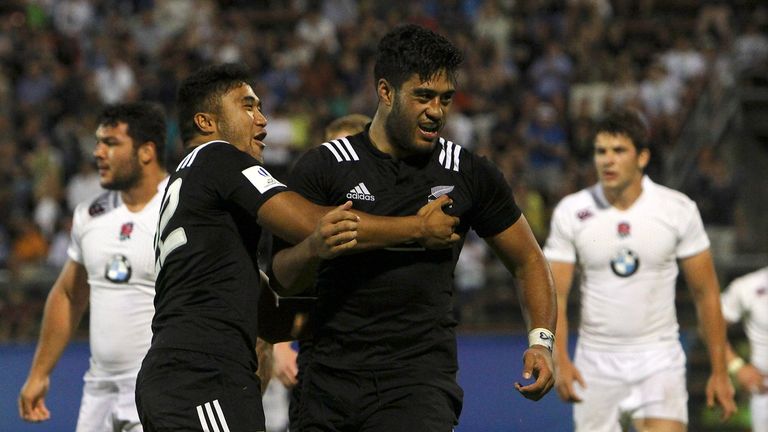 Akira Ioane (right) celebrates with Vincent Tavae-Aso after scoring the try against England