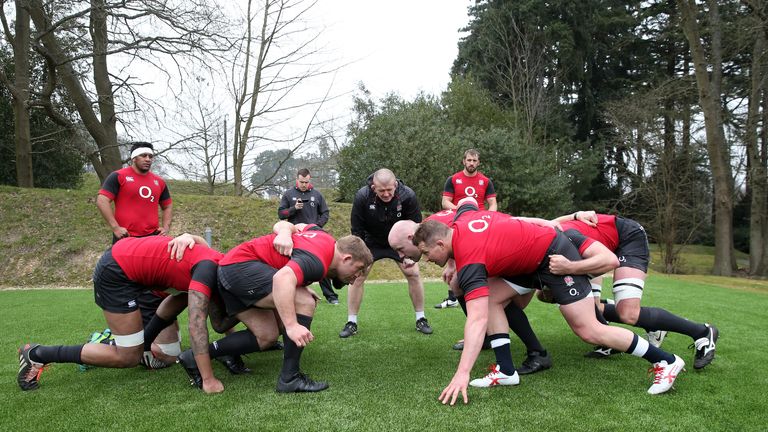 The England fowards run through drills under the guidance of coach Graham Rowntree