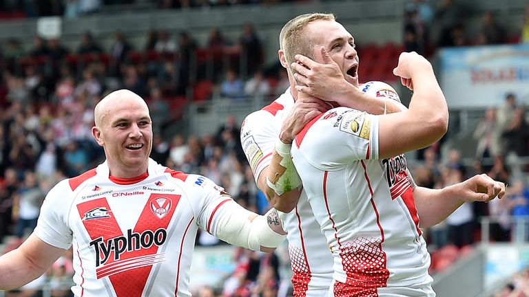 St Helens' Adam Swift celebrates his try during the Ladbrokes Challenge Cup, Quarter Final at Langtree Park, St Helens.