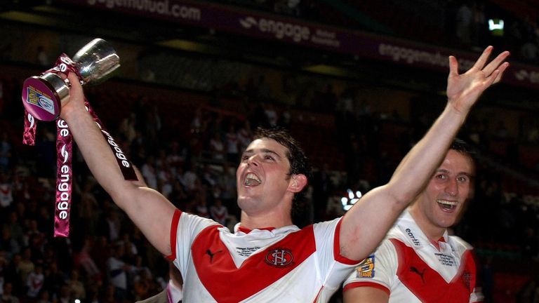 St Helens' Paul Wellens celebrates with his Man of the Match Award after defeating Hull in the Super League Grand Final at Old Trafford in 2006