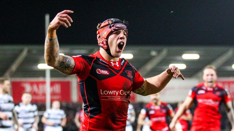 Salford's Theo Fages celebrates his try against Hull FC