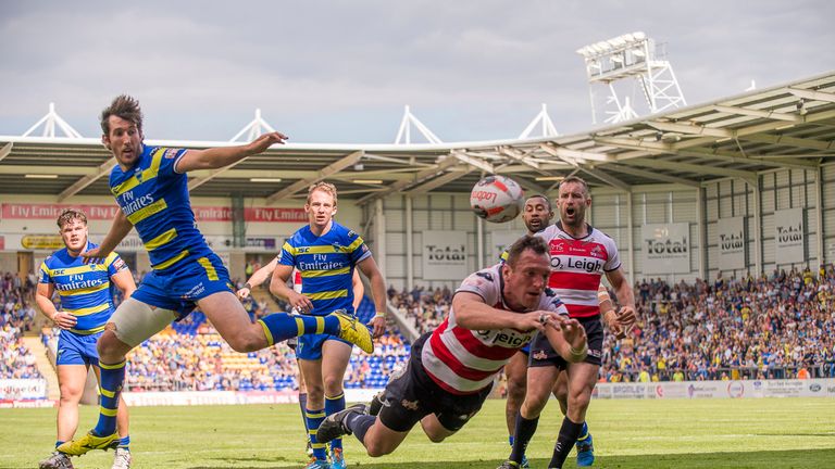 Agony for Leigh's Tommy Goulden as he just misses out on touching down for a try