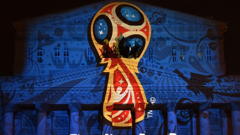 Russia 2018 logo is displayed on the  Bolshoi Theatre in Moscow