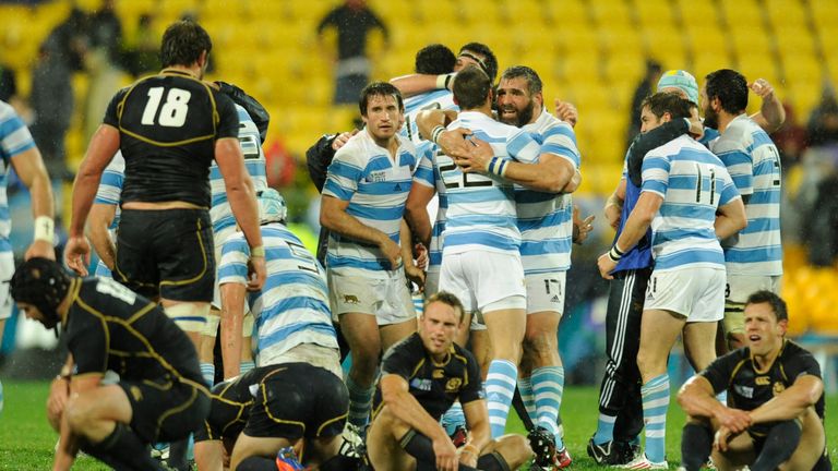 Argentina's players celebrate their win over Scotland at the 2011 Rugby World Cup.
