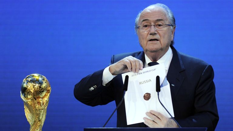 FIFA President Joseph Blatter holds up the name of Russia during the official announcement of the 2018 World Cup host country on December 2, 2010