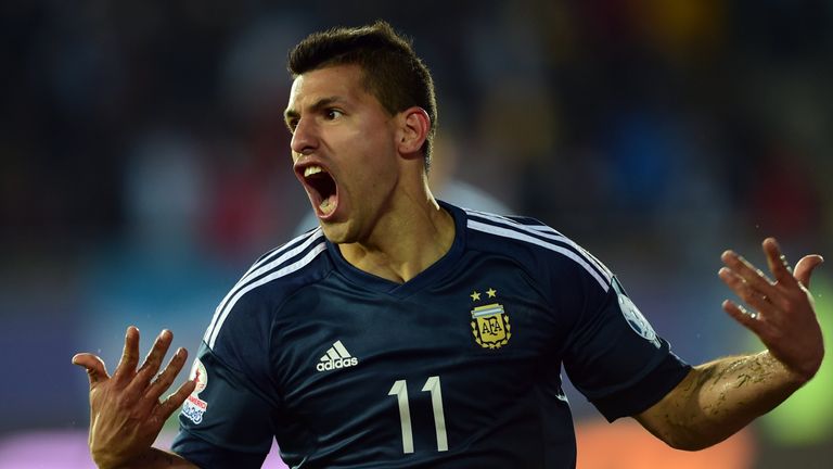 Argentina's forward Sergio Aguero celebrates after scoring against Uruguay 
