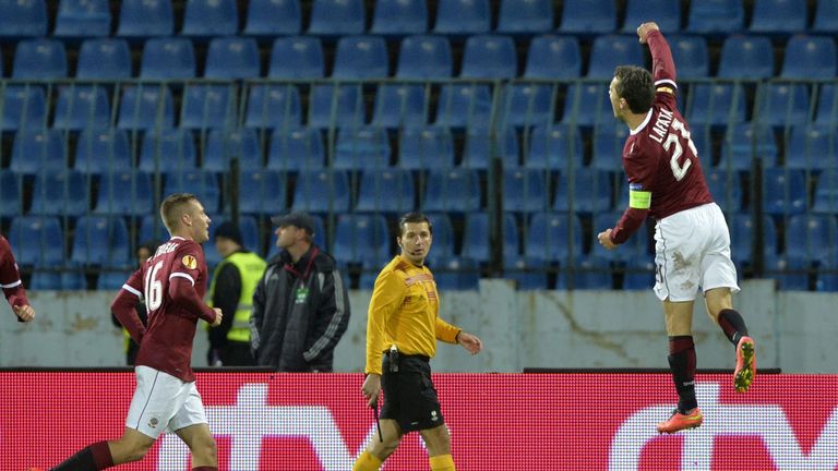 Sparta Prague's David Lafata (R) celebrates his goal with Pavel Kaderabek (L) during the first leg UEFA Europa League Group I SK Slovan Bratislava