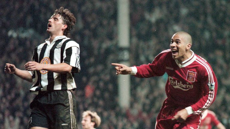 Agony and ecstasy as Stan Collymore (R) scores a last-minute winner to see Liverpool beat Newcastle 4-3 in April,  1996.