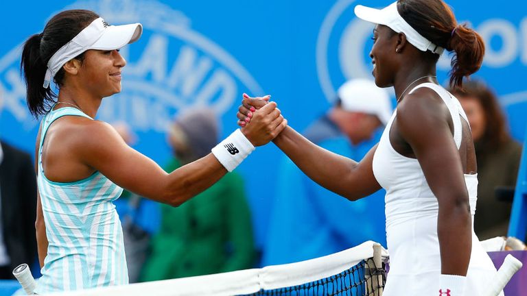 Heather Watson congratulates Sloane Stephens after losing in straight sets during the Aegon International at Devonshire Park