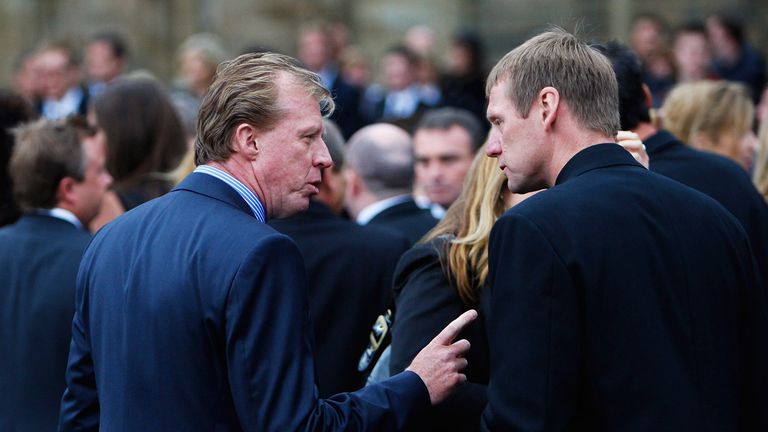 DURHAM, ENGLAND - SEPTEMBER 21:  Former England manager Steve McClaren (L) chats to Stuart Pearce after the Sir Bobby Robson Memorial Service at Durham Cat