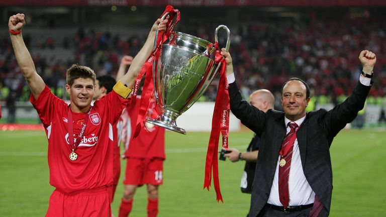 Liverpool captain Steven Gerrard and Liverpool manager Rafael Benitez of Spain lift the European Cup