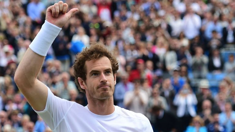Andy Murray celebrates victory in his men's singles semi-final match against Viktor Troicki at Queen's Club