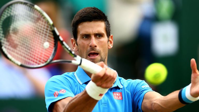 Novak Djokovic plays a forehand during his match against Alexander Zverev at The Boodles, Stoke Park