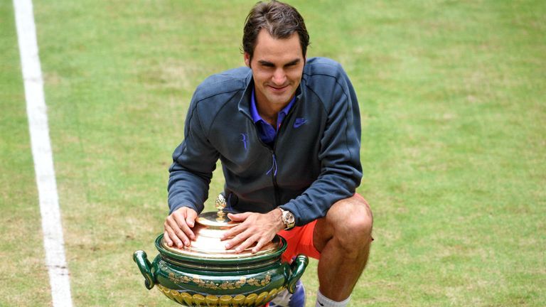 Roger Federer celebrates winning the final match against Andreas Seppi at the Gerry Weber Open