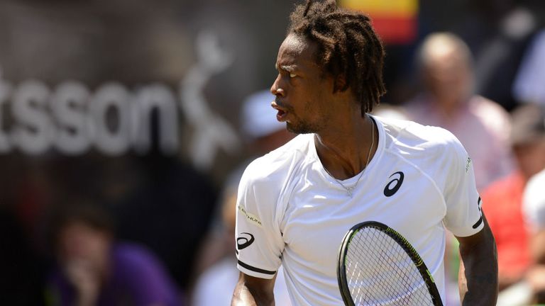 Gael Monfils reacts during his match against Philipp Kohlschreiber at the Mercedes Cup in Stuttgart