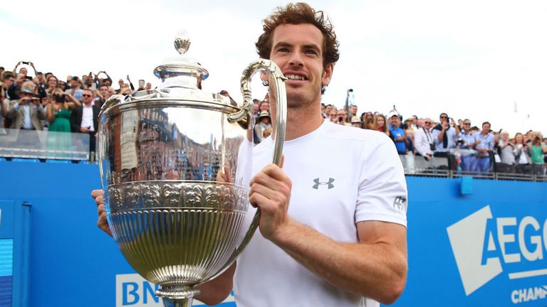 Andy Murray celebrates victory against Kevin Anderson at the Aegon Championships at Queen's Club