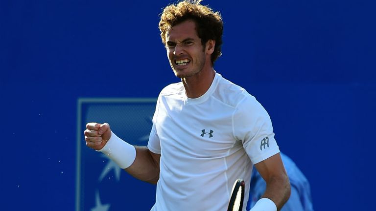 Andy Murray  celebrates a point in his men's singles quarter-final match against Gilles Muller at Queen's Club