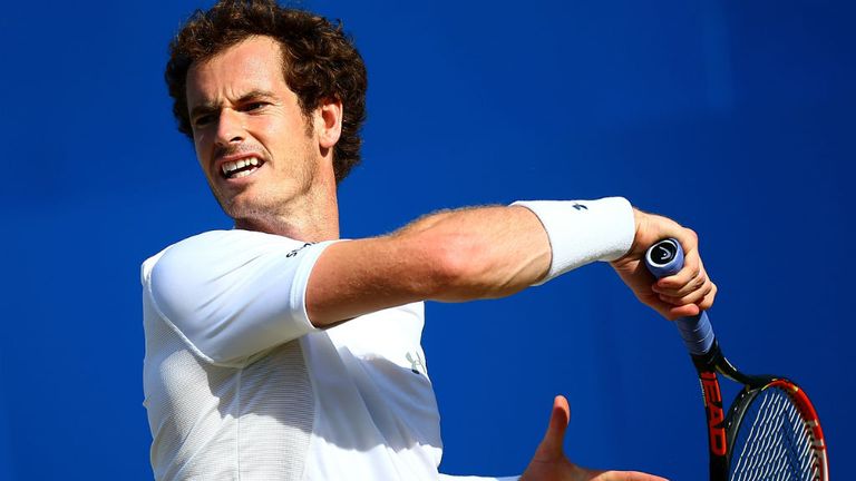 Andy Murray plays a forehand in his men's singles quarter-final match against Gilles Muller during the Aegon Championships
