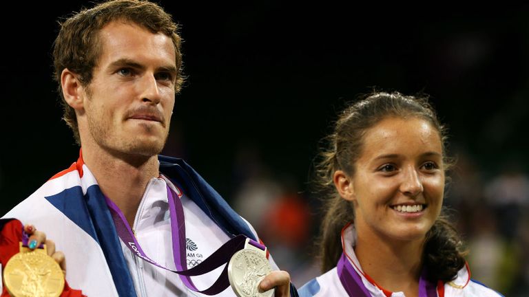 Silver medalists Laura Robson and Andy Murray pose with their medals for the Mixed Doubles Tennis at London 2012