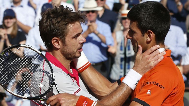 Stan Wawrinka and Novak Djokovic at the end of their men's final match of the Roland Garros at the 2015 French Open