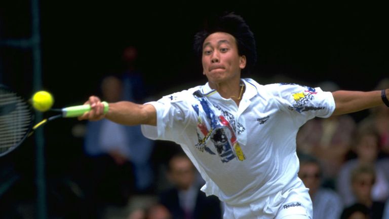 MICHAEL CHANG LEAPS TO REACH THE BALL DURING A MATCH AT THE 1993 WIMBLEDON TENNIS CHAMPIONSHIPS