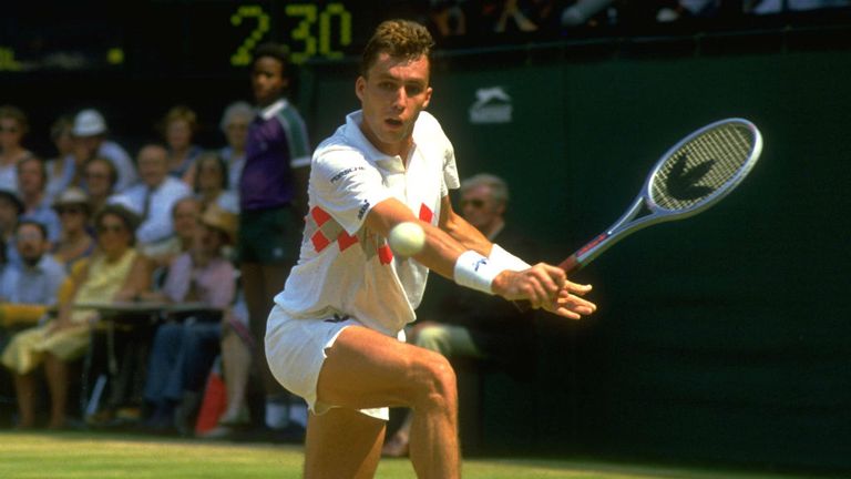 IVAN LENDL PLAYS A BACKHAND SHOT DURING HIS SEMI-FINAL MATCH AGAINST JIMMY CONNORS AT THE 1984 WIMBLEDON TENNIS CHAMPIONSHIPS