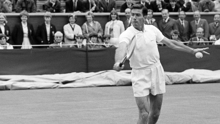 Australian tennis player Ken Rosewall competing against Abe Segal at Wimbledon