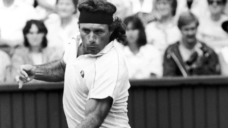 Argentine tennis player Guillermo Vilas in play at Wimbledon, June 1986