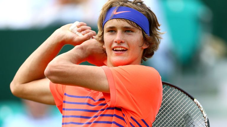 Alexander Zverev plays a forehand during his match against Novak Djokovic at Stoke Park 
