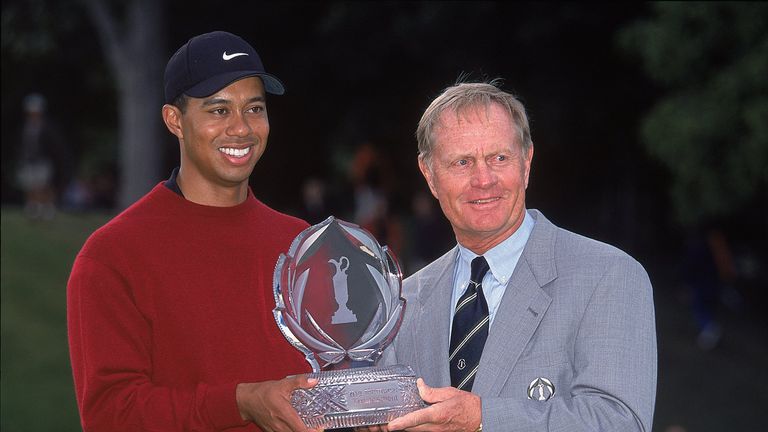 3 Jun 2001:  Tiger Woods poses with his trophy and Jack Nicklaus after The Memorial at the Muirifield Village Golf Club in Dublin, Ohio.Mandatory Credit: A