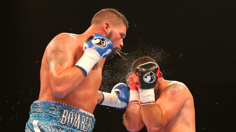 LIVERPOOL, ENGLAND - JUNE 26: Tony Bellew, left, and Ivica Bacurin during their Super Middleweight contest at the Echo Arena on June 26, 2015 in Liverpool,