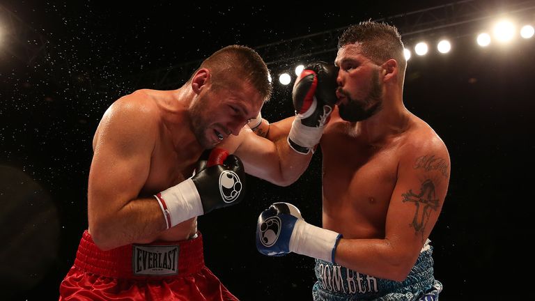 Tony Bellew (right) and Ivica Bacurin in action at the Liverpool Echo Arena