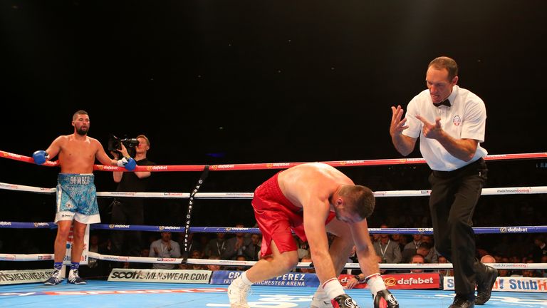 LIVERPOOL, ENGLAND - JUNE 26: Ivica Bacurin gets up off the canvas for the second time before being beaten by Tony Bellew during their Super Middleweight c