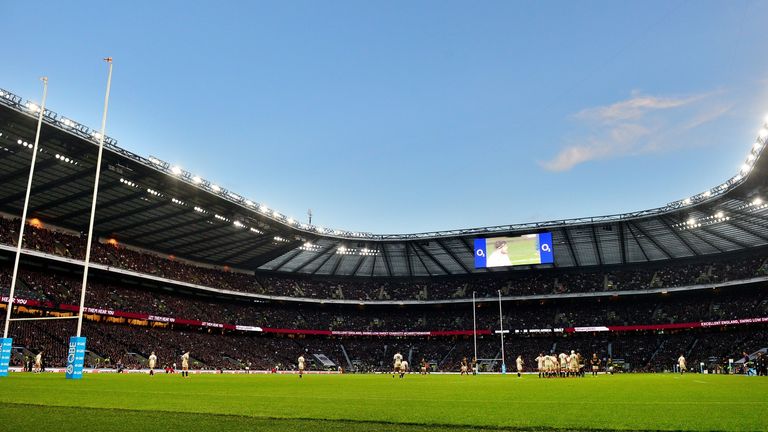 General view from pitch-side of play in the Autumn International rugby union Test match between England and South Africa at Twickenham Stadium, southwest o