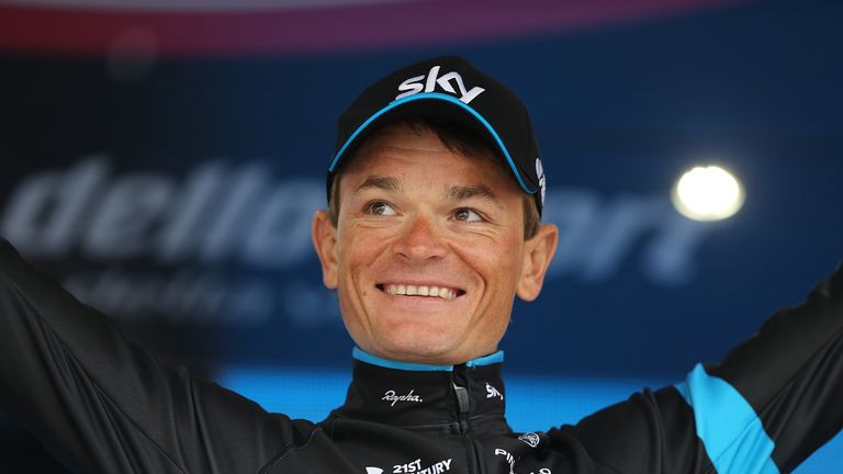 Belarus rider Vasil Kiryienka (Team Sky) celebrates on the podium after winning the 14th stage of the 98th Giro d'Italia
