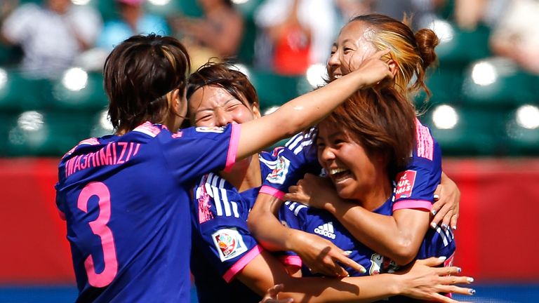 Mana Iwabuchi #16 of Japan celebrates scoring a goal against Australia during the FIFA Women's World Cup 