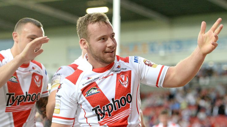 St Helens' Adam Quinlan celebrates a try against Huddersfield Giants, during the First Utility Super League match at Langtree Park, St Helens.