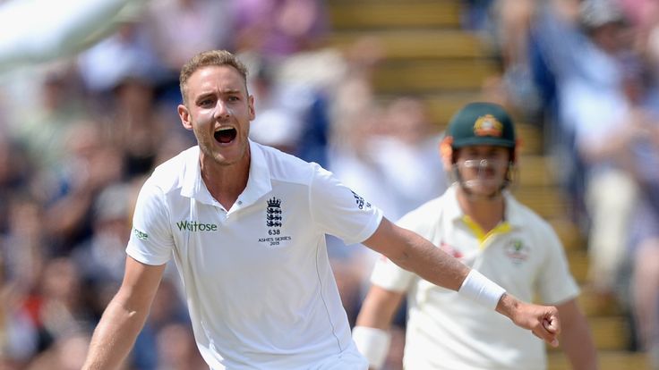 Stuart Broad of England celebrates dismissing Chris Rogers