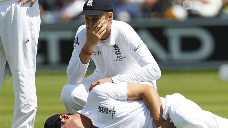 Joe Root stifles a chuckle after Alastair Cook is felled