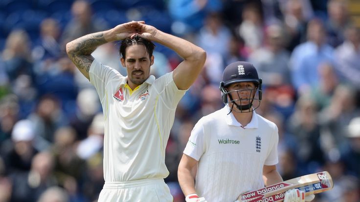 Mitchell Johnson (left) struggled for his usual pace on day one of the first Ashes Test in Cardiff