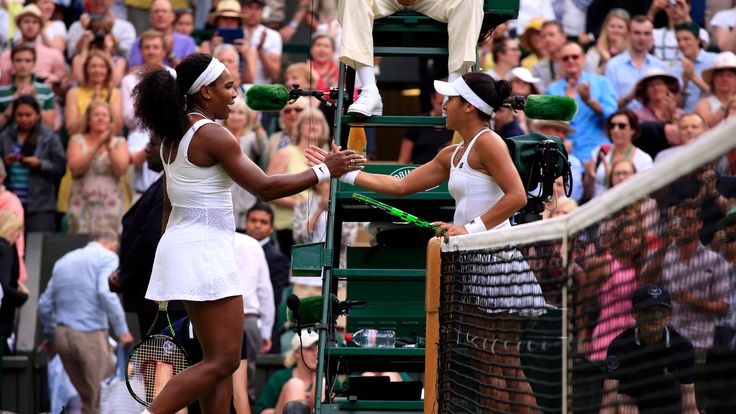 Serena Williams (left) and Heather Watson shake hands after their match on day Five of the Wimbledon Championships