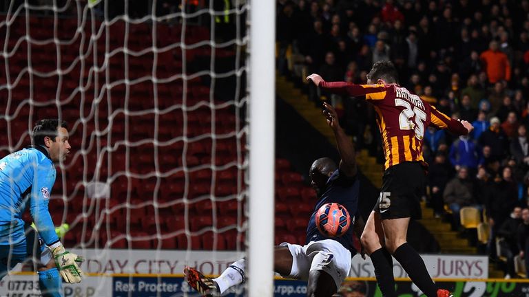 Andy Halliday scores the third goal during the FA Cup Third Round Replay between Bradford City and Millwall