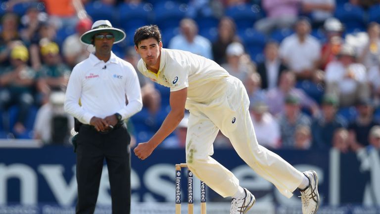 Australia bowler Mitchell Starc in action during day three of the 1st Investec Ashes Test match between England and Australia