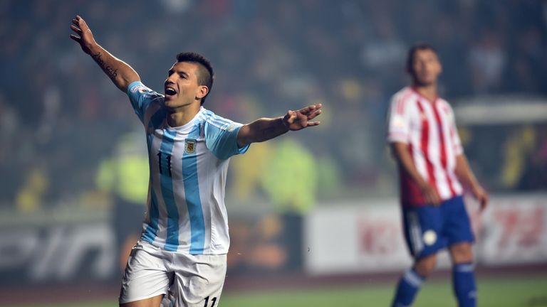 Argentina's forward Sergio Aguero nets his third of the tournament