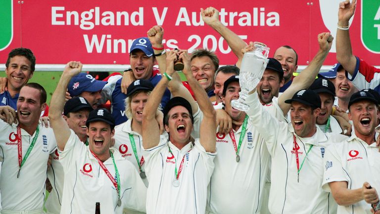 LONDON - SEPTEMBER 12:  Michael Vaughan (C) of England celebrates with the ashes after day five of the fifth npower Ashes Test match between England and Au