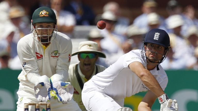 Alastair Cook defends during the morning session of day three of the second Ashes Test
