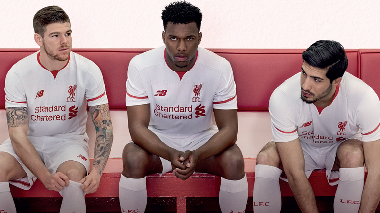 Alberto Moreno, Daniel Sturridge and Emre Can wearing the new Liverpool away kit